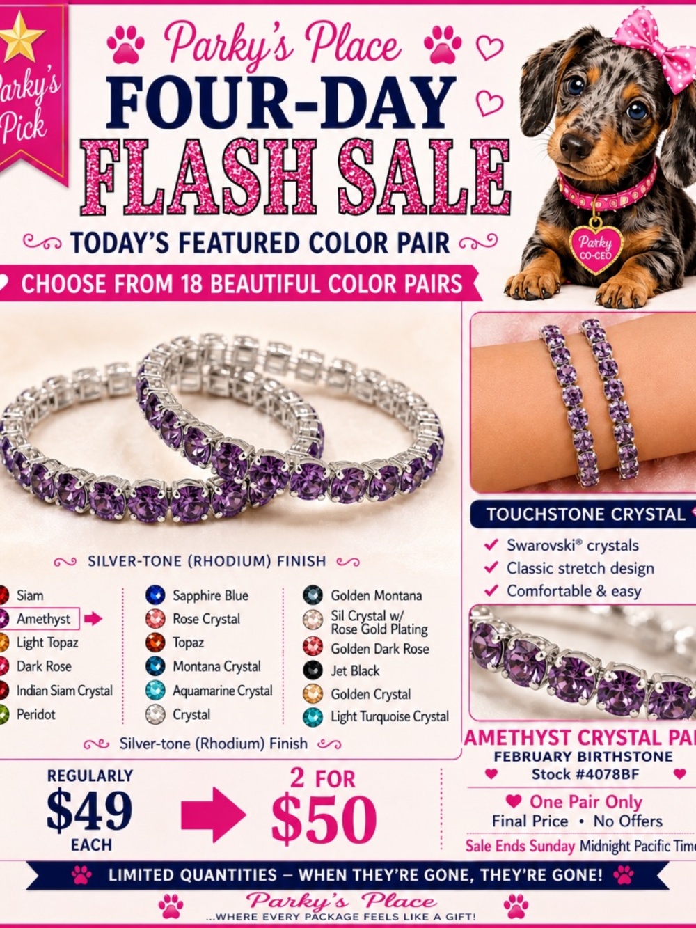 Touchstone Amethyst Crystal Pair Bracelets | Rhodium Finish